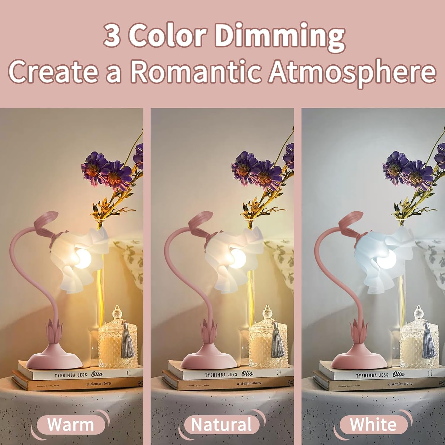 Jewelry  Flower Table Lamp,LED Reading Light Bedside Vintage Flower Night Light,3 Colors Modes Kawaii Bedside Lamps Decor,Living Room Bedroom Room Lighting Table Lamps Home Decoration(pink lamp)