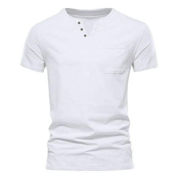 Men's Short Sleeve Casual Shirts Henley Neck Buttons T-Shirts Slim Fit V Neck Tops Front Pockets Stretch Relaxed Tees White,XL