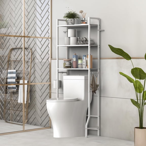 Over The Toilet Storage Shelf, 3-Tier Bathroom Organizer with Toilet Paper Holder and 3 Hooks, Freestanding Shelving for Restroom, Laundry, and Balcony,White