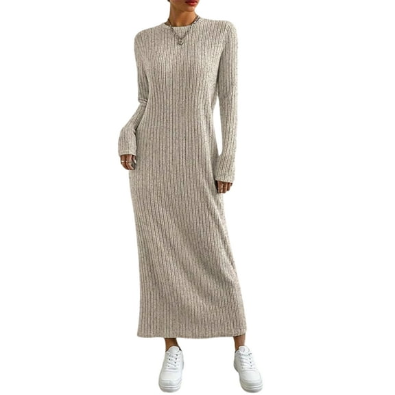 Womens Sweater Maxi Dress Long Sleeve Knit Ribbed Crew Neck Slim Fit Casaul Fall Long Dresses Khaki S