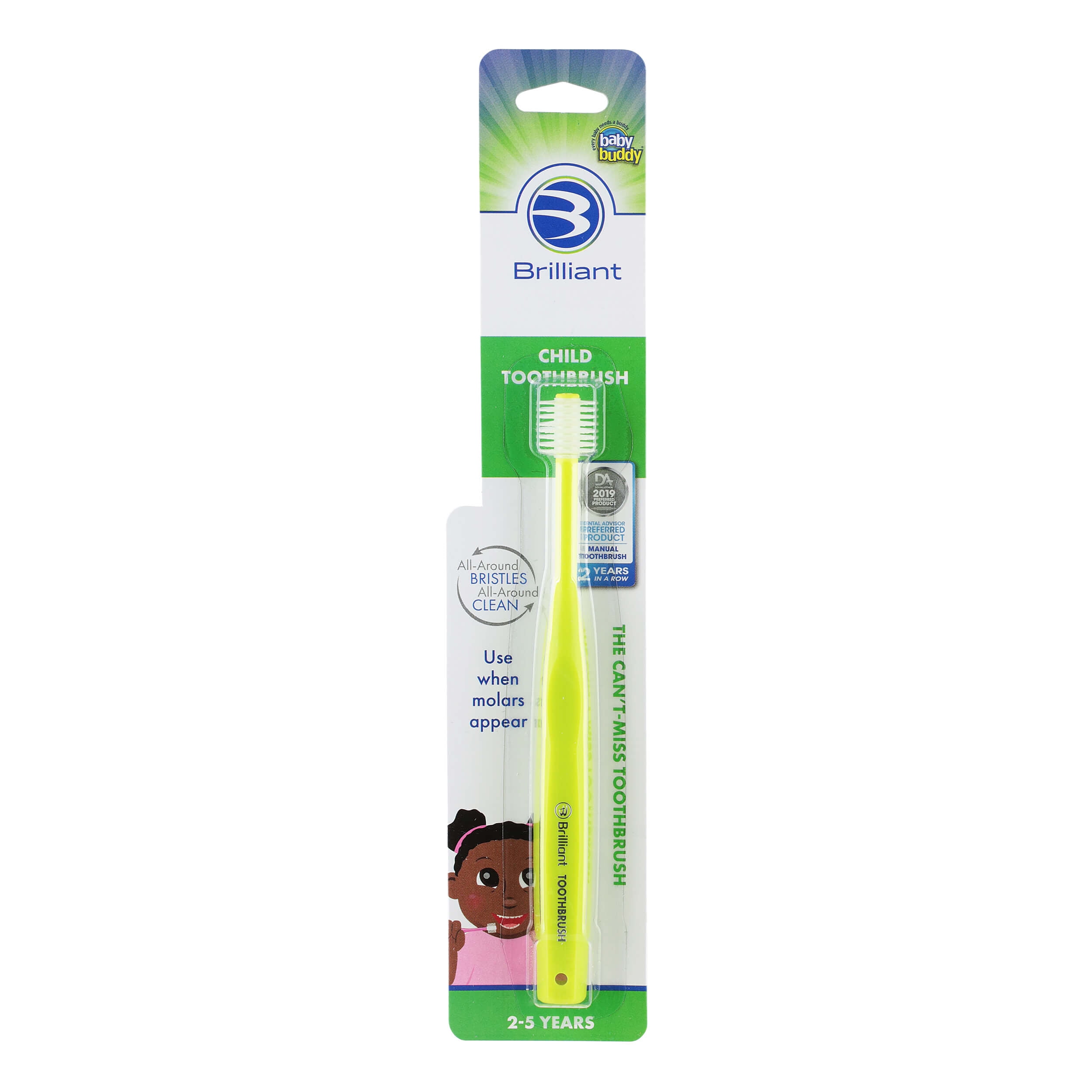 Brilliant Child Toothbrush by Baby Buddy, for Ages 2-5 Years, Round Head, Bristles Clean All-Around Mouth, Lime, 1 Pack