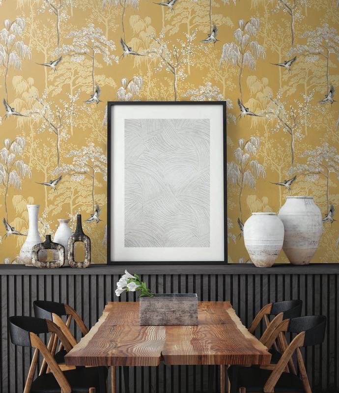 NextWall Arthouse Bird Garden Peel and Stick Wallpaper 20.5 in. W x 18 ft. L - Ochre