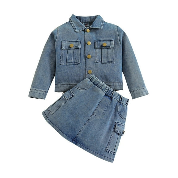 HBYJLZYG Baby Girls Denim Outfits Set, Long Sleeve Jacket And Bowknot Skirt Two Piece Set For 5-6 T