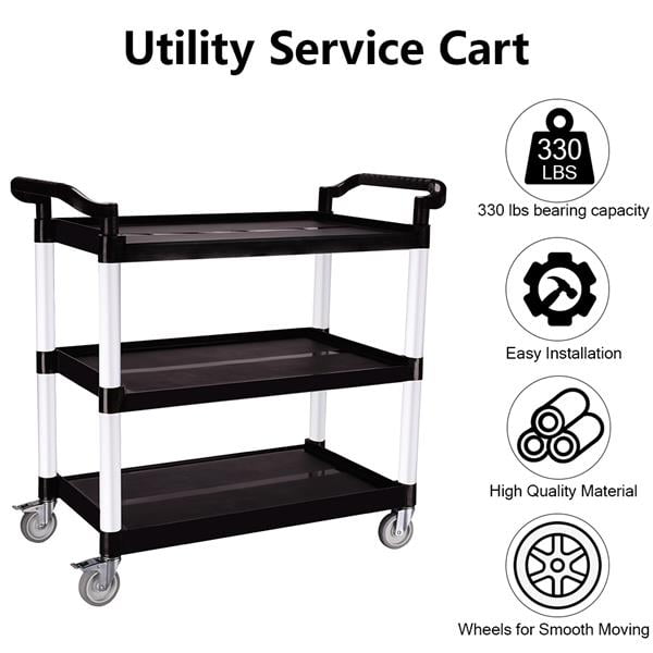 Black Capacity 390 lbs MONTENMIN Heavy Duty 3-Shelf Rolling Service/Utility/Push Cart for Foodservice/Restaurant/Cleaning 