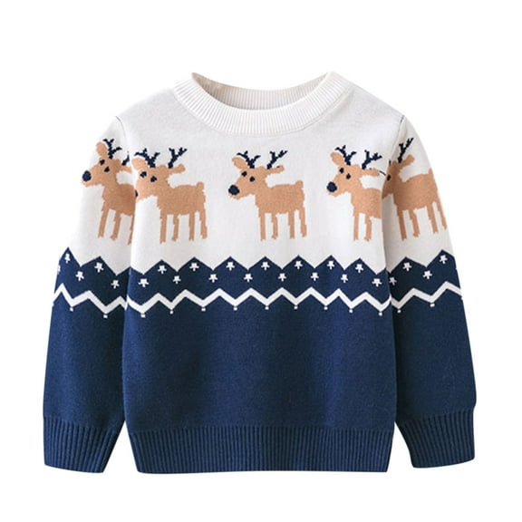 Bjutir Toddler Boys Girls Sweater Christmas Cartoon Deer Winter Warm Knitted Long Sleeve Xmas Knitwear Cardigan Coat Tops Blue
