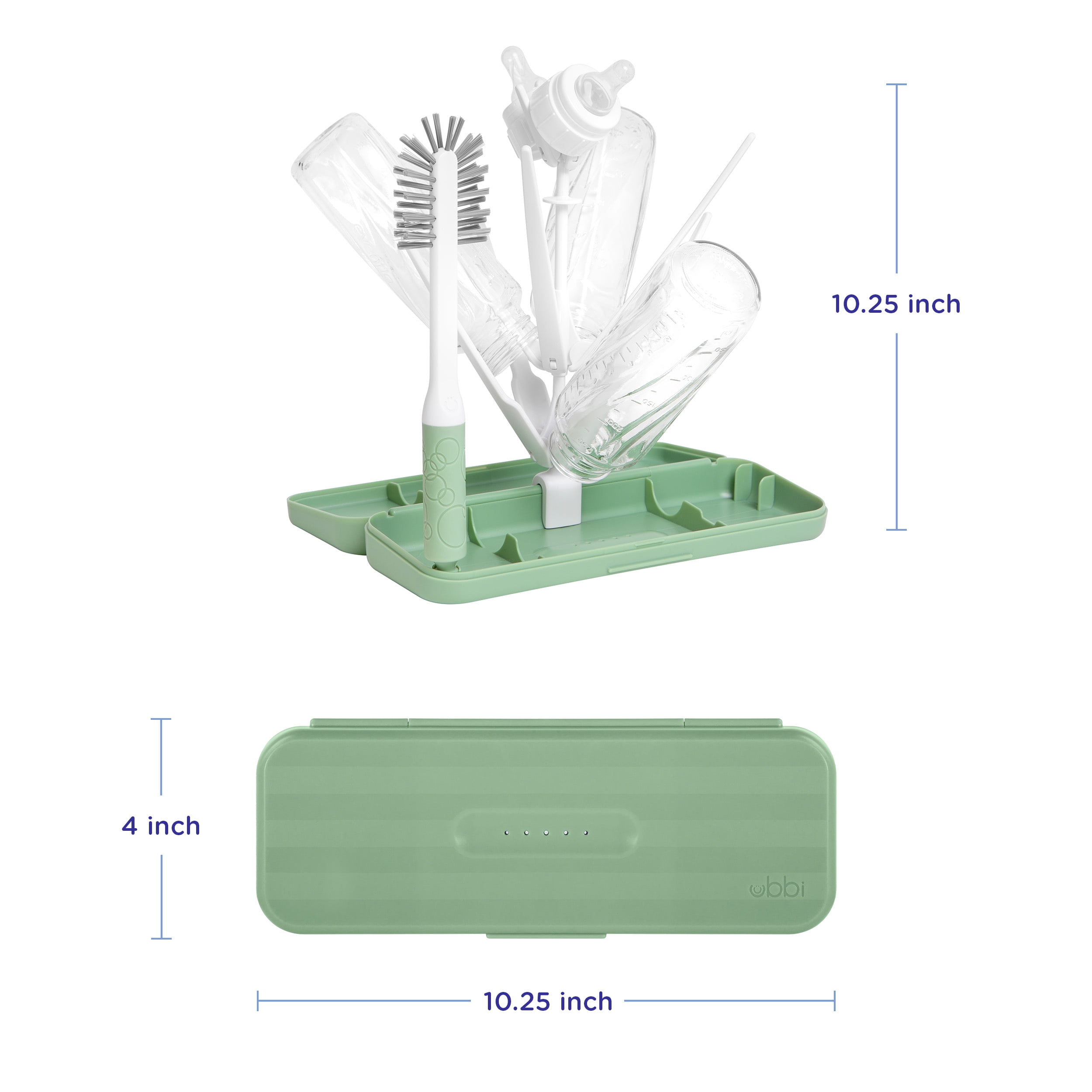 Ubbi On-the-Go Drying Rack and Brush Set, Includes Travel Case and Bottle Brush, Holds up to 8 Bottles, Sage