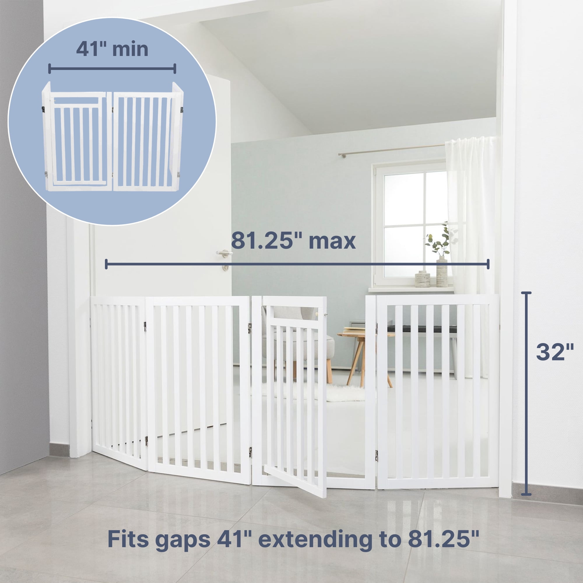 TRIXIE 4-Panel Foldable Wood Freestanding Pet Gate, Walk Thru Door, Expands to 81.2", White