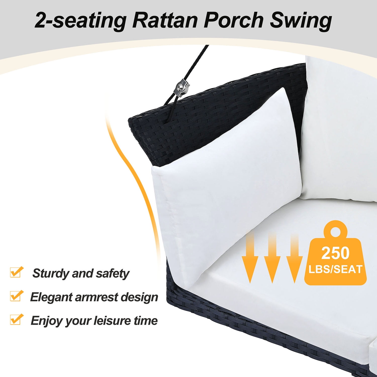 Kadyn 51.9" 2-Person Hanging Seat, Rattan Woven Swing Chair with Ropes, Gray Wicker and Cushion, Porch Swing Chair for Outdoor, Black White Kadyn 51.9" 2-Person Hanging Seat, Rattan Woven Swing Chair with Ropes, Gray Wicker and Cushion, Porch Swing Chair for Outdoor, Black White