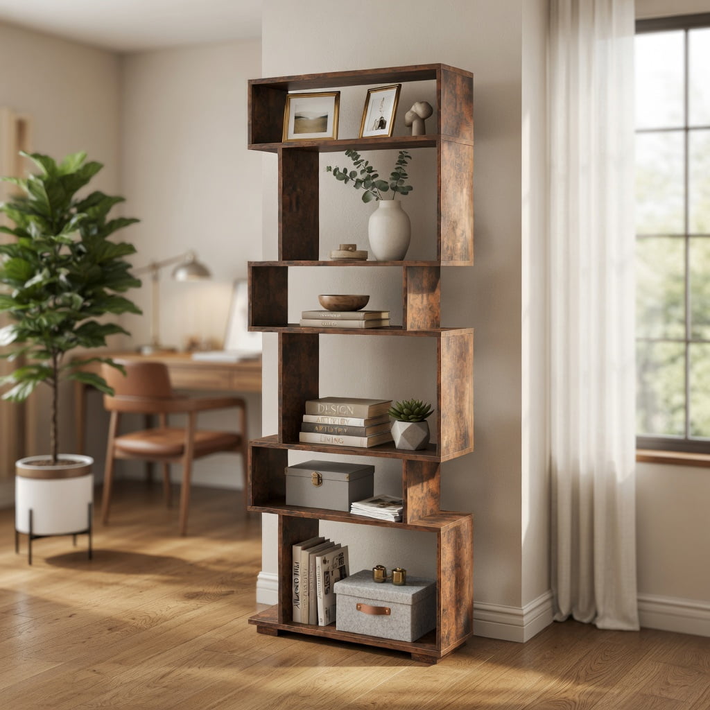GVN 6-Tier Geometric Open Bookshelf Stylish Modern Display Bookcase with 2 Anti-Tipping Kits Stable Structure for Home Office Study Living Room Storage Furniture, Brown