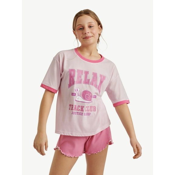 Justice Girls Short Sleeve Sleep Top and Shorts, 2-Piece, Sizes 5-18 & Plus
