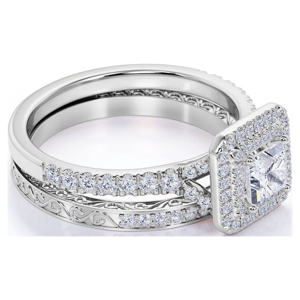 JeenMata 1.75 ct - Square Cut Moissanite - Pave Set - Split Band - Double Halo Engagement Ring - Bridal Set - 18K White Gold Plating for Women