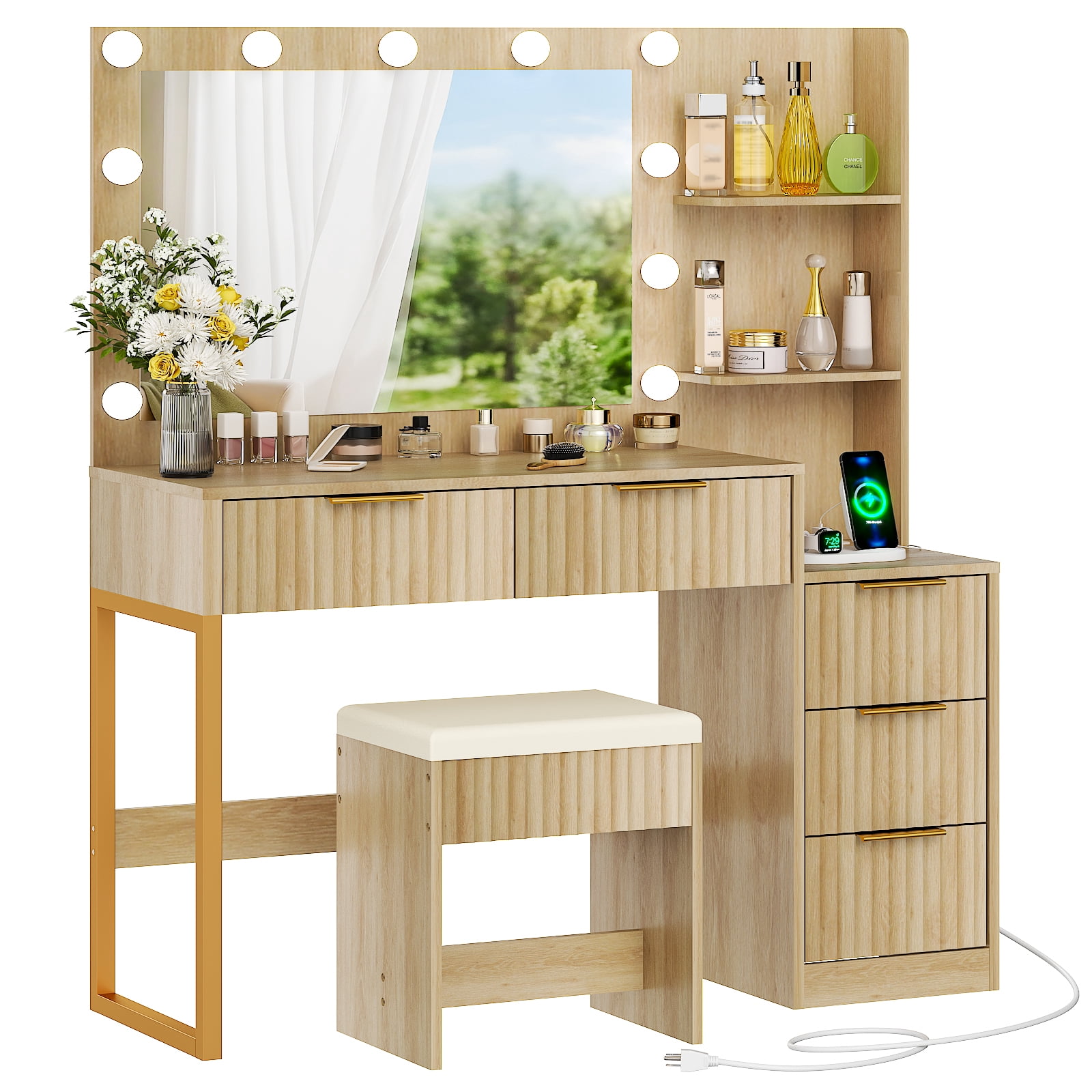 Ktaxon Flutted Makeup Vanity Table Set with 5 Drawer, Dressing Table w/Charging Station, Vanity Desk for Femal Gift, Wood Color