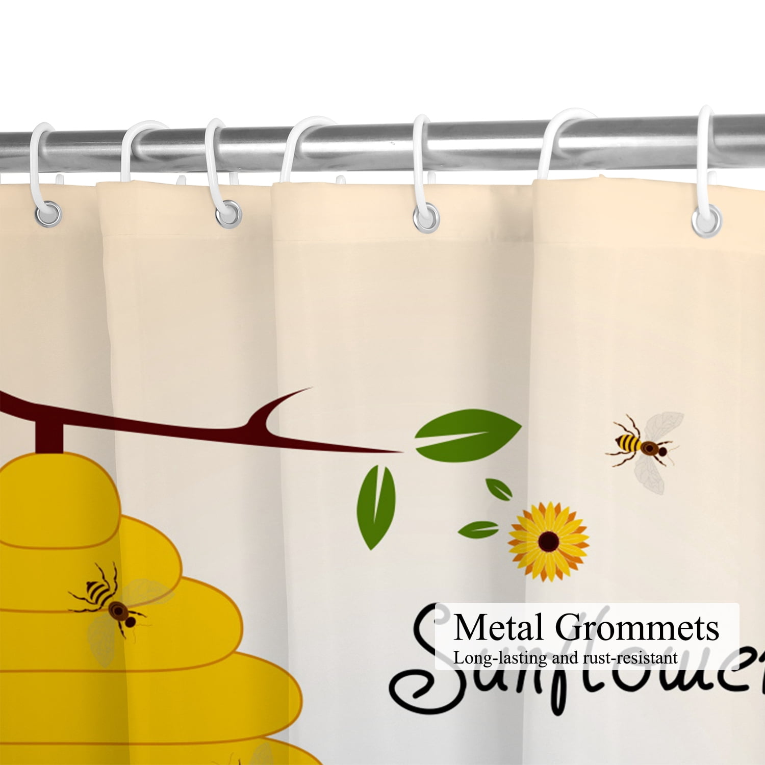 Sunflower Shower Curtain, Farmhouse Yellow Floral Bee Waterproof Fabric Bath Curtain，72x72inch