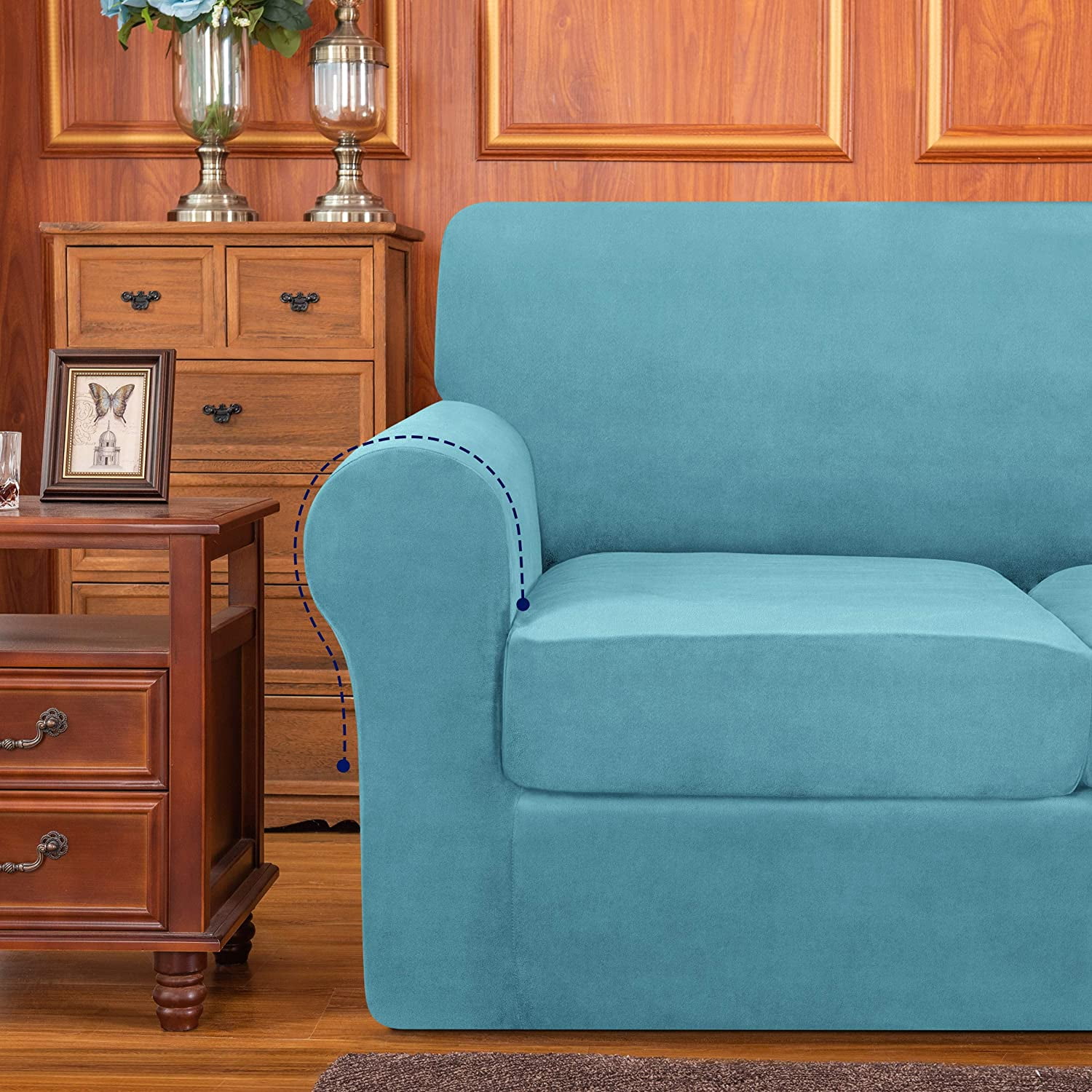 Subrtex 4-Piece Velvet High Stretch Sofa Cover Slipcover, Separate Cushion Covers(Blue, Sofa)