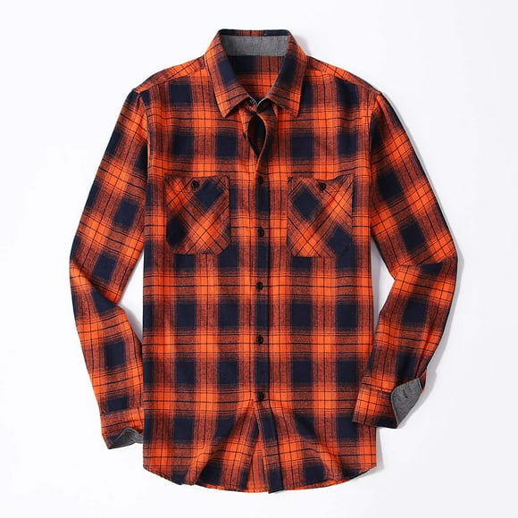 breaise Mens Flannel Shirts Lightning Deals Long Sleeve Button Down Casual Work Plaid Shirt Men Regular Fit Cotton Soft Jacket Shirts with Pockets Orange L Fashion deals