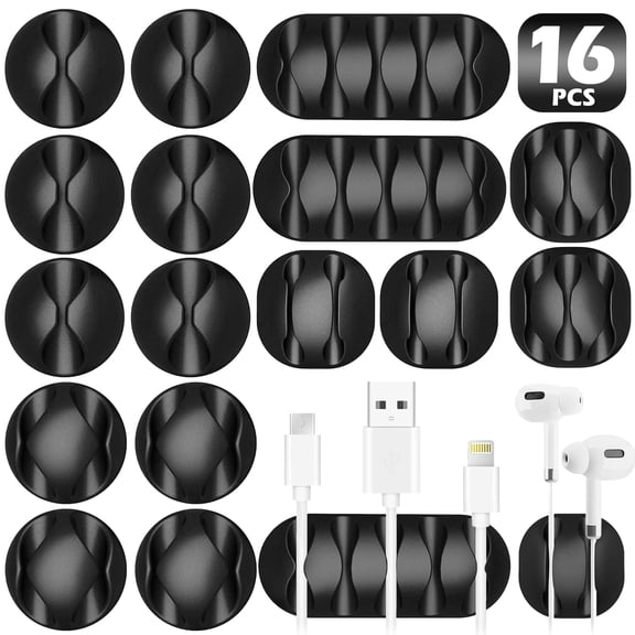 ReLuien 34 Slots Cable Clips 16 Pack Adhesive Cord Holders Black Desktop Wire Organizers for Home Office Holiday Cable Management