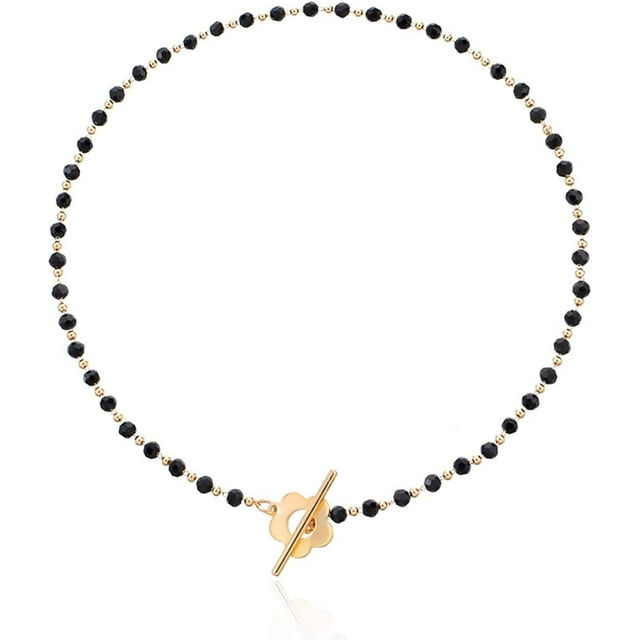 Collar de cuentas de cristal Simple negro de la suerte, flor con hebilla OT para mujer