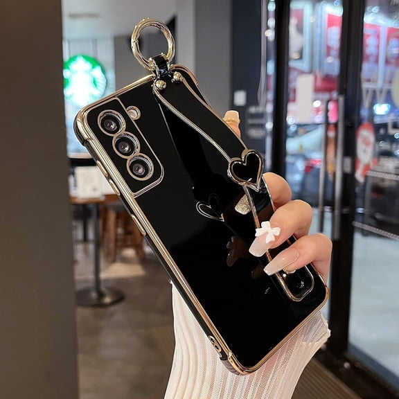 Samsung Galaxy S22 5G Case with Wrist Strap, Cute Love Heart Pattern, Shockproof Kickstand Phone Case for Women