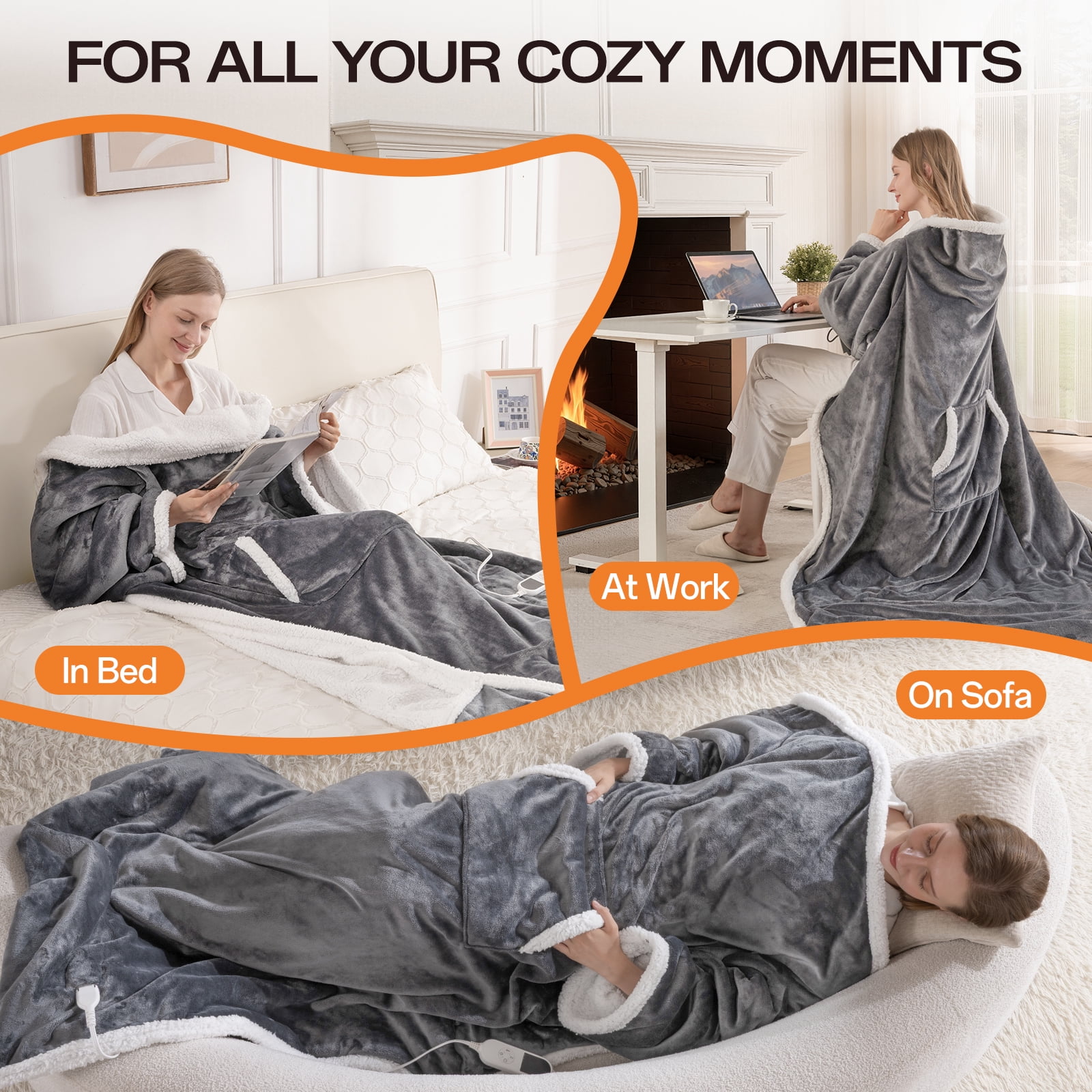 ELEKA Wearable Heated Blanket with Foot Pocket，Electric Blanket with Sleeves，6 Heating Levels,12 Hours Heating Time Settings，Drak Gray，52*72