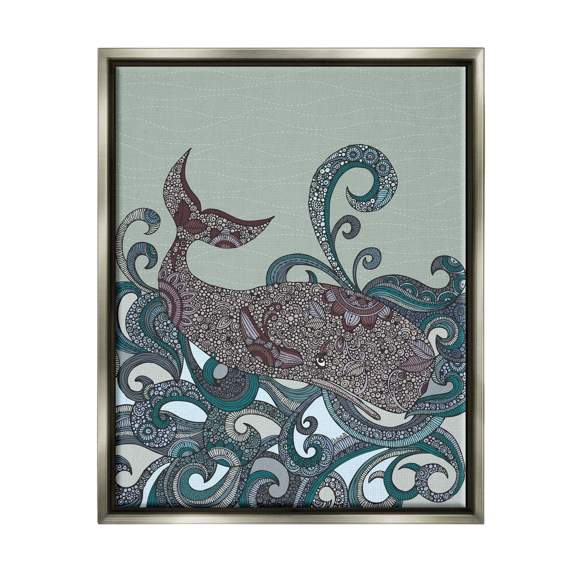 Stupell Industries Nautical Whale Surrounded Intricate Patterned Swirl Shapes Graphic Art Luster Gray Floating Framed Canvas Print Wall Art, Design by Valentina Harper