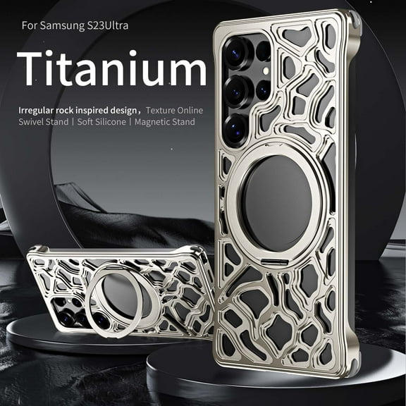Heat Dissipation Case for Samsung Galaxy S24 Ultra,360°Rotatable Ring Kickstand Metal Case,Irregular Rock Inspired Designing,Slim Cool Case,Anti-Fall,Anti-Scratch Shockproof Phone Case Cover,Titanium