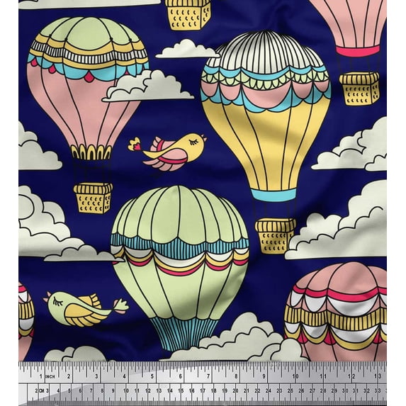 Soimoi Blue Rayon Crepe Fabric Bird & Air Balloons Holiday Printed Craft Fabric by the Yard 46 Inch Wide