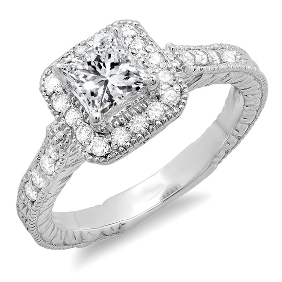 Dazzlingrock Collection 1.00 Carat (ctw) 14k Princess Diamond Halo Style Hand Engraved Engagement Bridal Ring; Center 0.70 CT, White Gold, Size 7