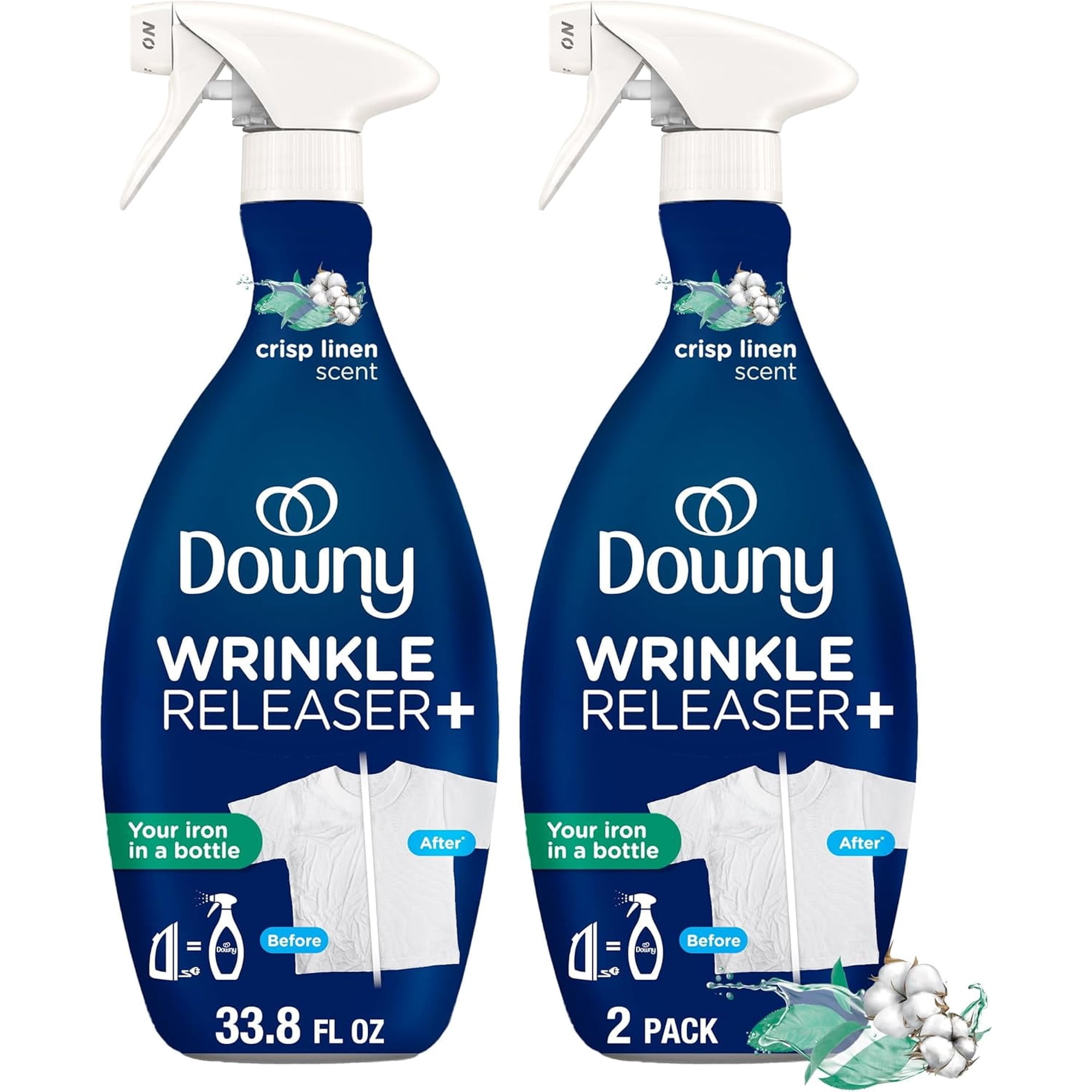 Downy Wrinkle Releaser Spray, All In One Formula, Removes Wrinkles, Static and Odor Eliminator, Crisp Linen Scent, 33.8 Fl Oz, Pack of 2