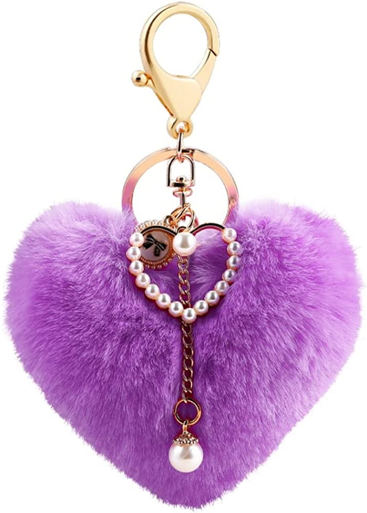 NUFR Faux Fur Heart Shaped Fuzzy Keychain with Pearls, Cute Pom Pom Bag  Charms Pendant for Women Girls