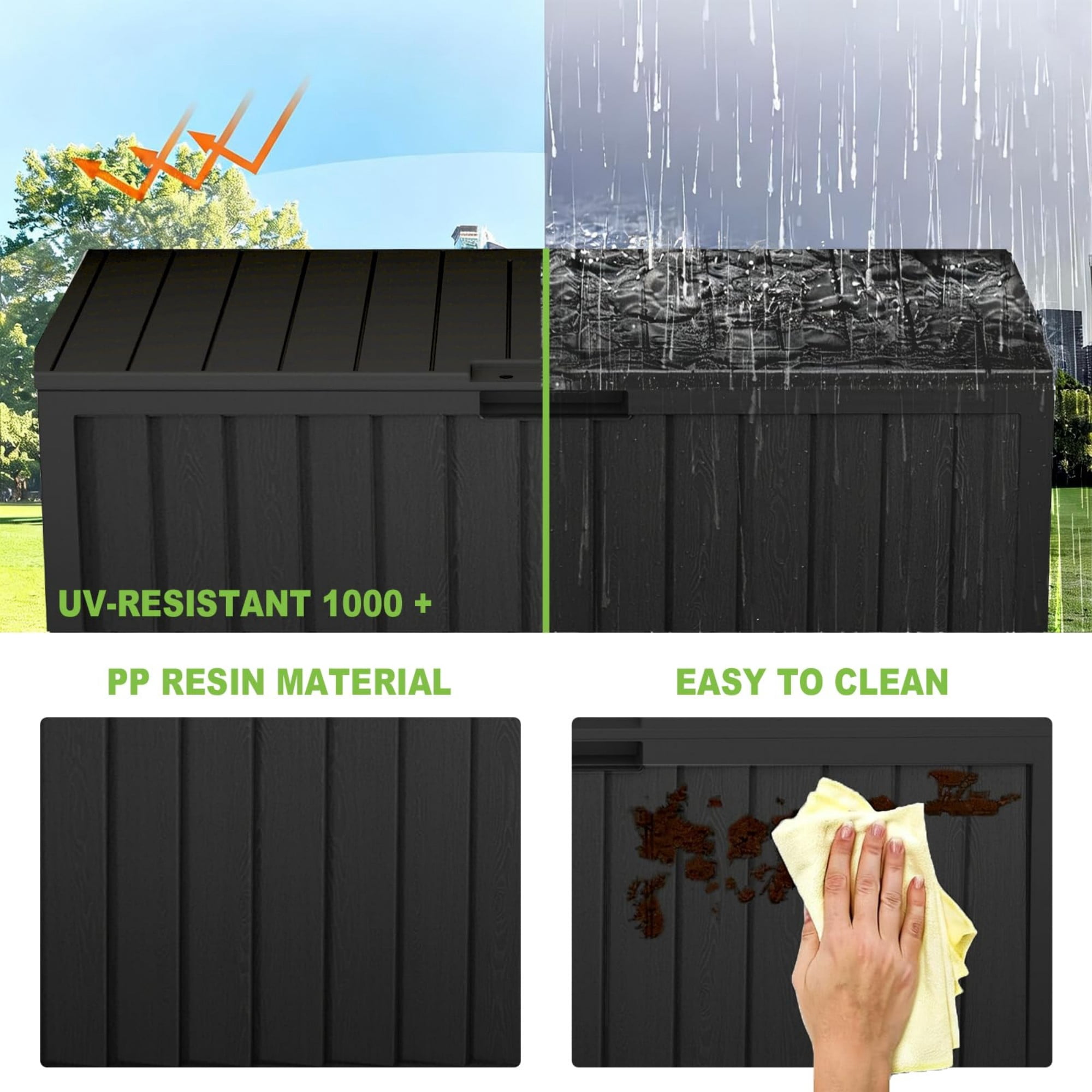 75 Gallon Outdoor Storage Box Waterproof, Lockable Deck Box with Wheels, 350 lbs Bench Patio Storage for Cushions, Garden Tools, Pool, Black
