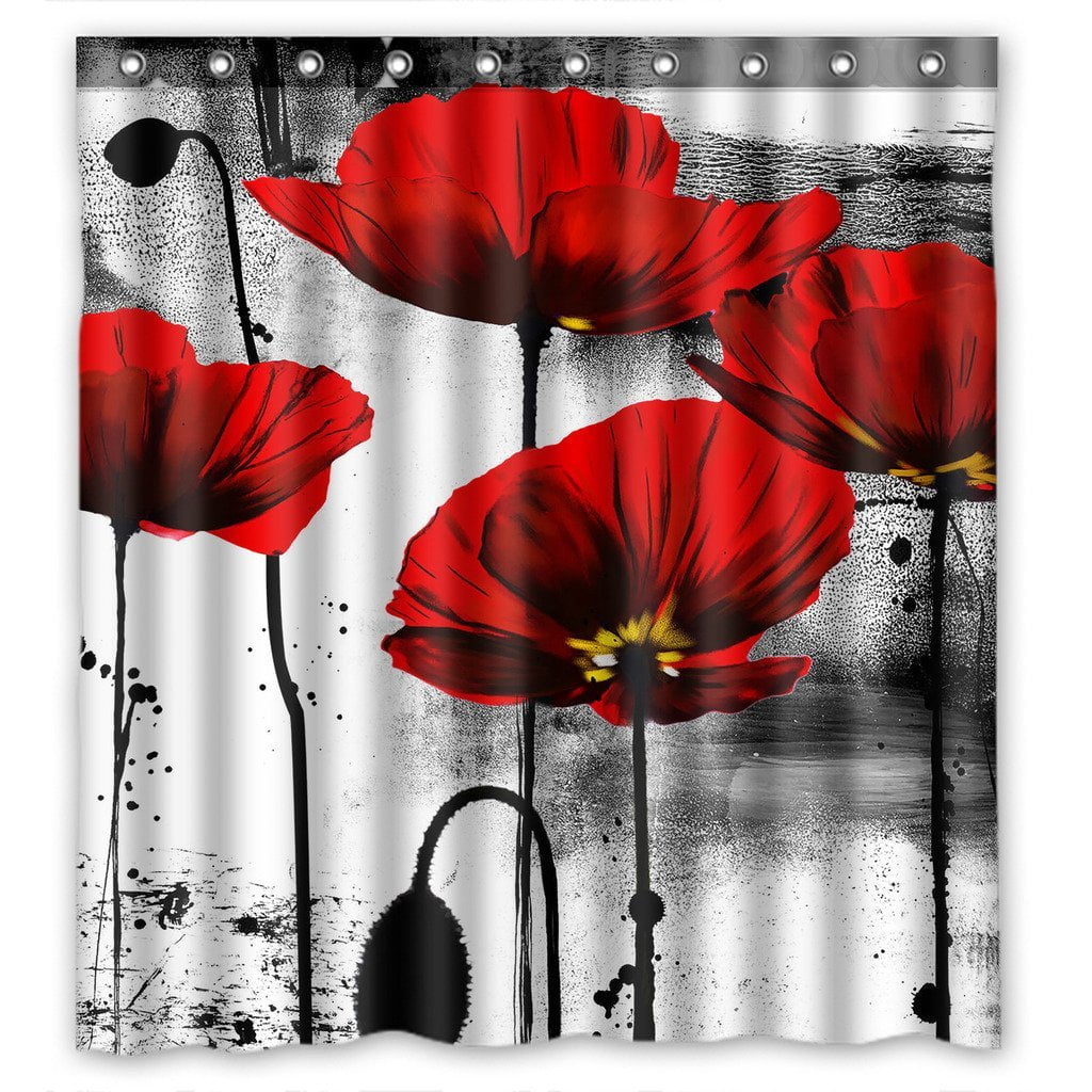 GCKG Vintage Red Poppy Flower Bathroom Shower Curtain GCKG Vintage Red Poppy Flower Bathroom Shower Curtain