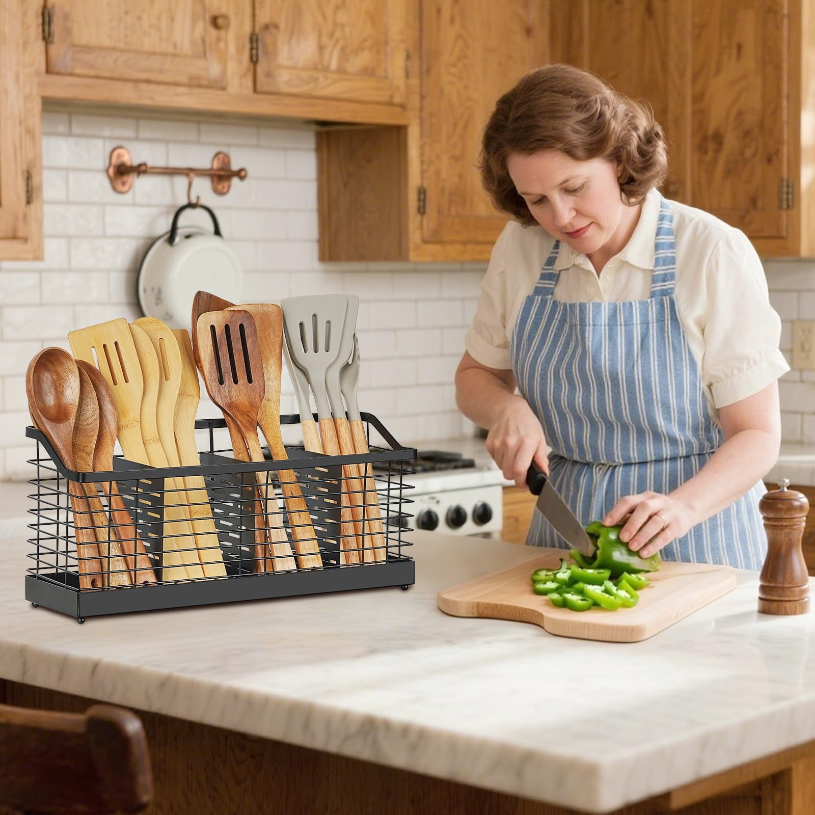 Samhe Utensil Holder for Kitchen Counter, Wall-Mounted Cooking Utensil Organizer with 4 Compartments for Spoons, Forks, Knives