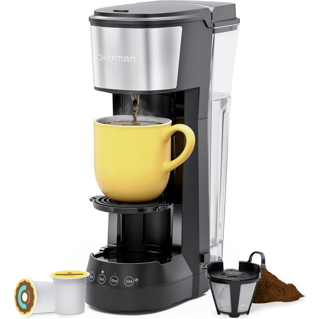 Chefman Single Serve Coffee Maker, K Cup Coffee Machine: Compatible with K-Cup Pods and Ground Coffee, Brew 6 to 12oz Cup Drip Coffee Maker, 40oz Water Reservoir, Cup Lift, Filter Included