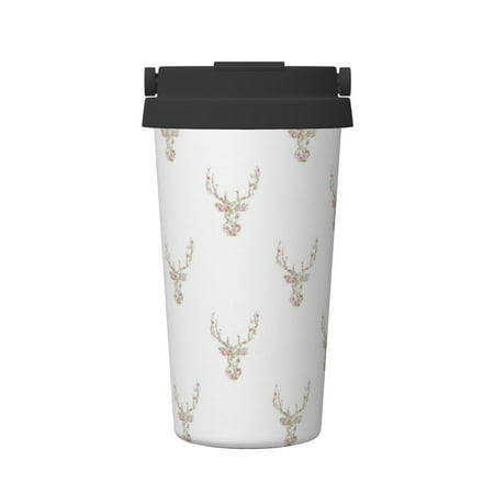 

Insulated Coffee Mug With Lid Pink White Vintage Floral Deer Head Insulated Tumbler Stainless Steel Coffee Travel Mug With Lid Hot Beverage And Cold Vacuum Portable Thermal Cup Gifts