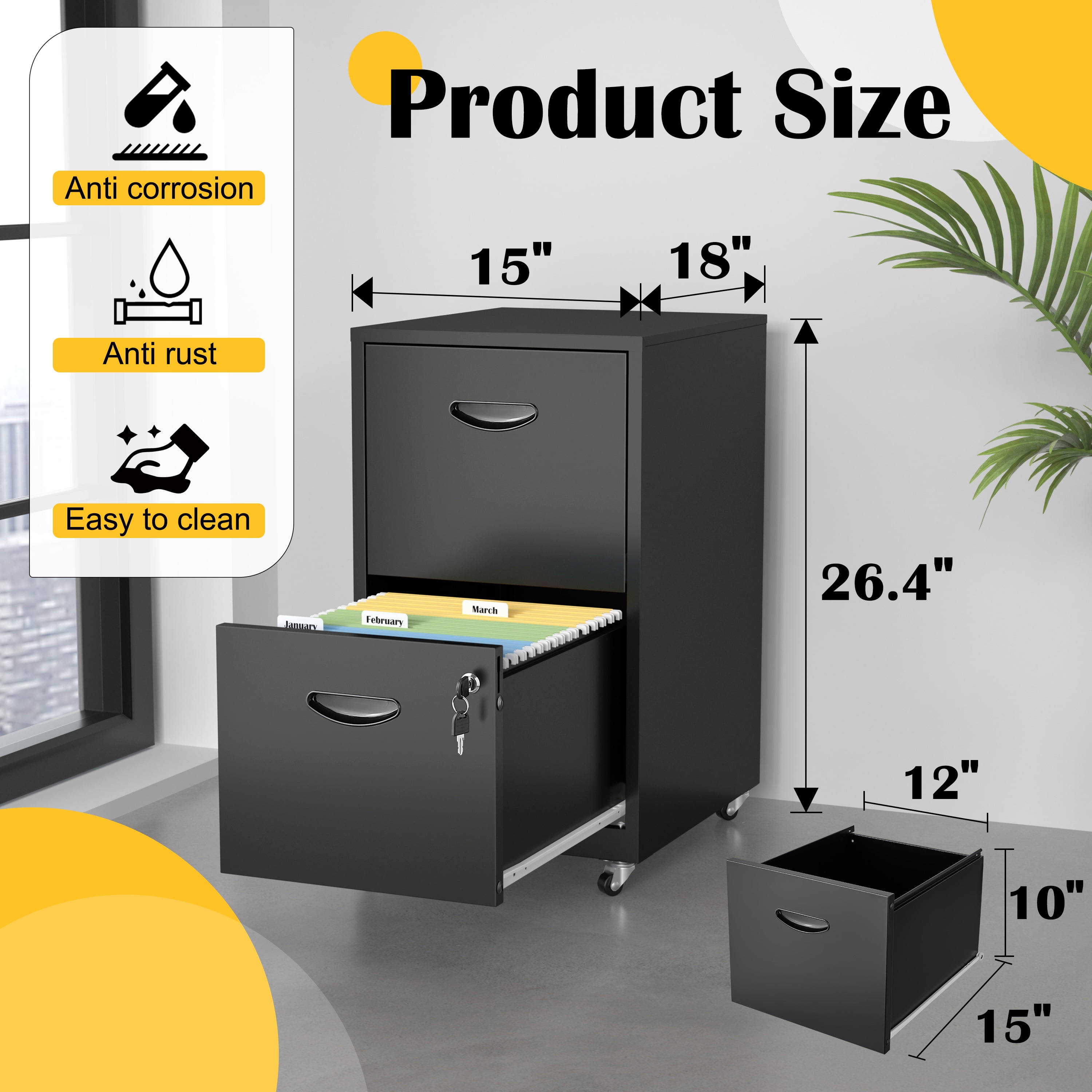 Polup 18"D Mobile Office Vertical 2 Drawer File Cabinet, Metal Filing Cabinet 2 Drawer with Lock