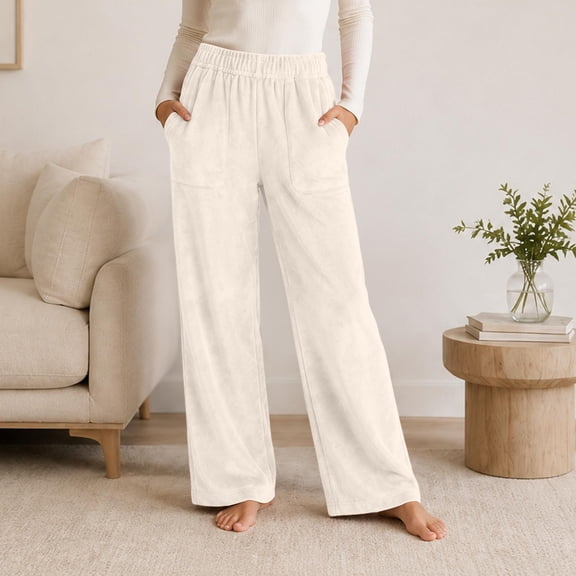 Ohufall Fleece Pajama Pants for Women Stretchy Wide Leg Sleep Pant Pockets Comfortable Solid Color Home Lounge Pants