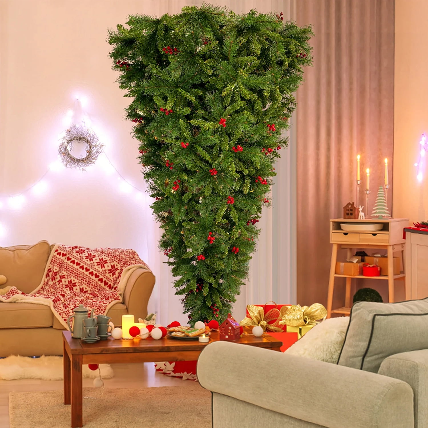 Kadyn 7.4 Ft Upside Down Green Christmas Tree Hinged Spruce Full Tree, Artificial Holiday Christmas Pine Tree for Home, 1500 Branch Tips, Green