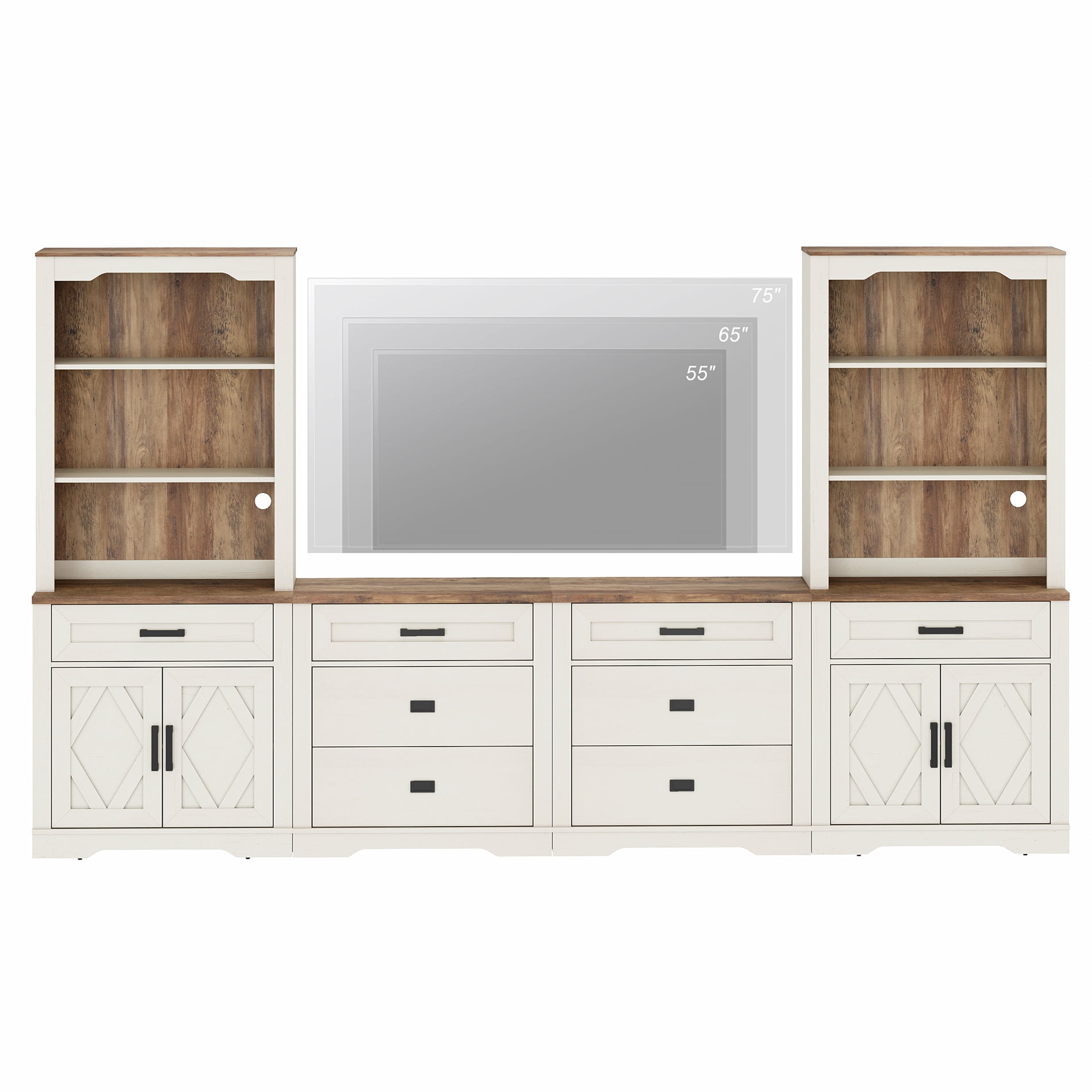 WAMPAT Farmhouse Entertainment Center with Bookshelf for TVs up to 75",Modern TV Stand with 73"H Tall 5-Tier Bookcase with Open Storage and Barn Doors for Living Room,Bedroom,Antique White