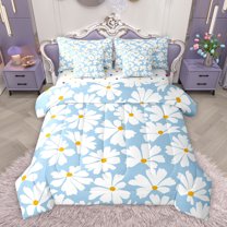 Manfei Groovy Flower Floral Bedding Comforter Set 7pcs for Kids, Kawaii Daisy Queen Bedding Sets, Dreamy Blue Cartoon Reversible Queen Sheet Sets, Luxury Bedroom Decor