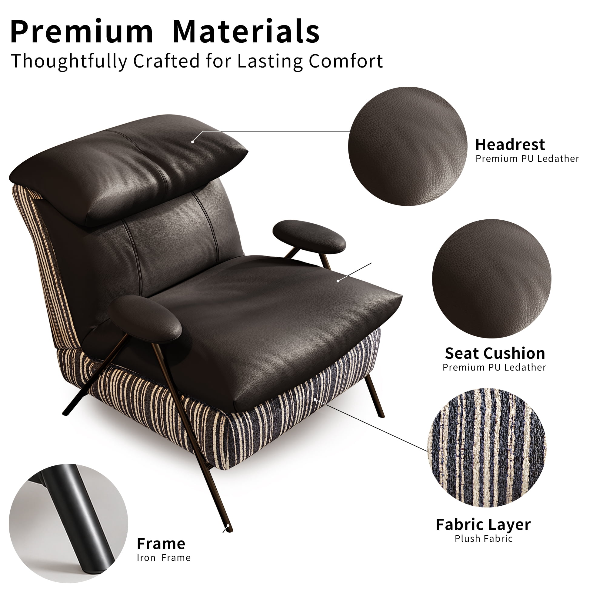 Aukfa PU Accent Chair, Modern Upholstered Armchair with Thick Padded Seat and Back for Living Room & Bedroom, Black