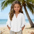 thumbnail image 5 of Ruyang Linen T Shirts for Girls Ruffled Button Down V-Neck Short Sleeved Summer Vacation Loose Fit Beach Vacation Tee Tops, 5 of 8