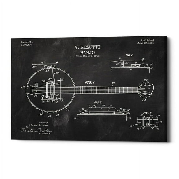 Epic Graffiti "Banjo Blueprint Patent Chalkboard" Giclee Canvas Wall Art, 12" x 18" 18" x 26"