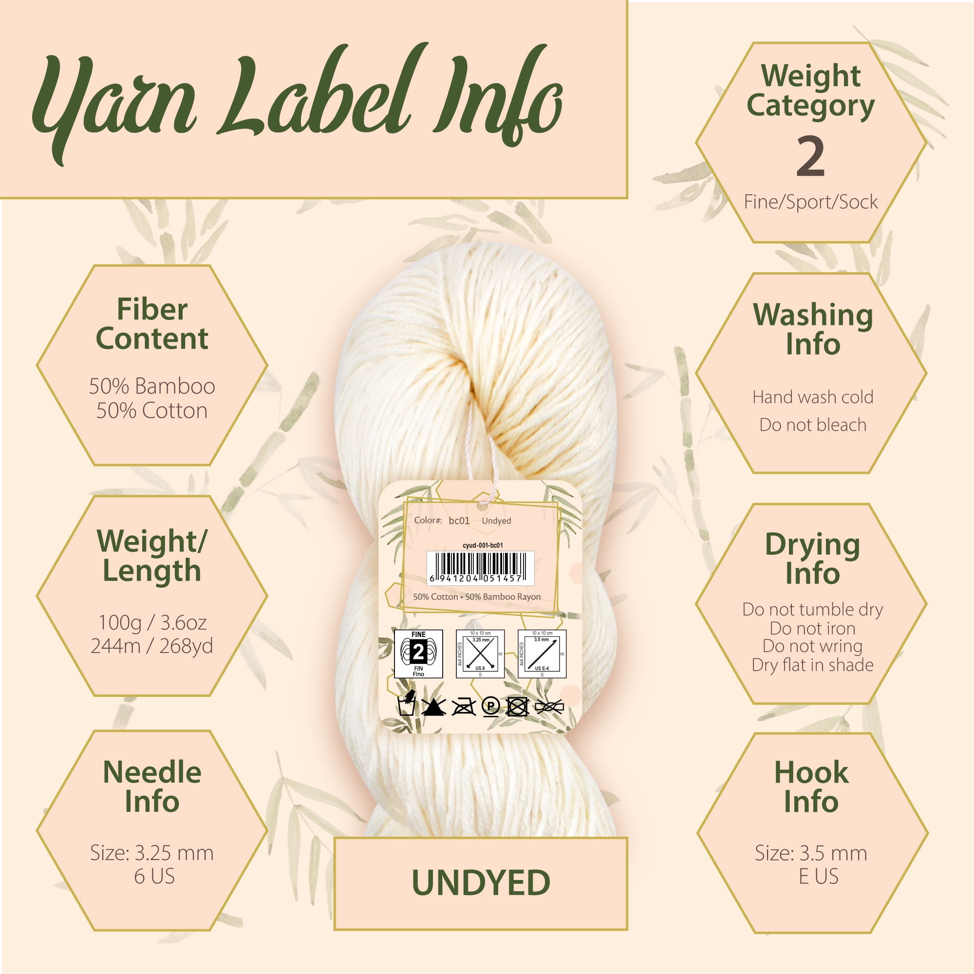 JubileeYarn Undyed Bamboo Cotton Sport Yarn - 100g/Hank - 4 Hanks