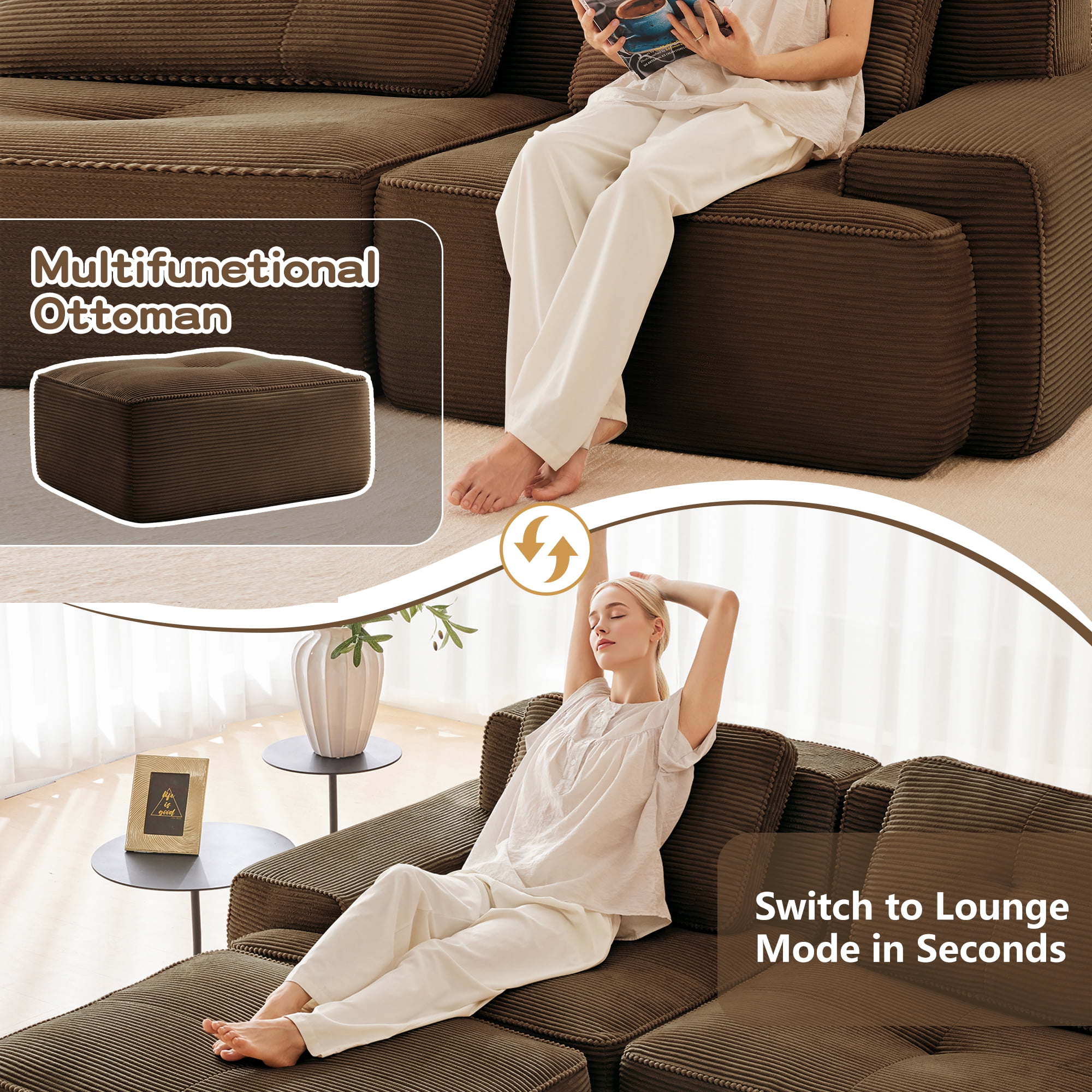 Aukfa 5-Piece Tufted Modular Corduroy Sectional Sofa with Ottoman for Living Room, 128.5" Width 4-Seat Sofa, Brown