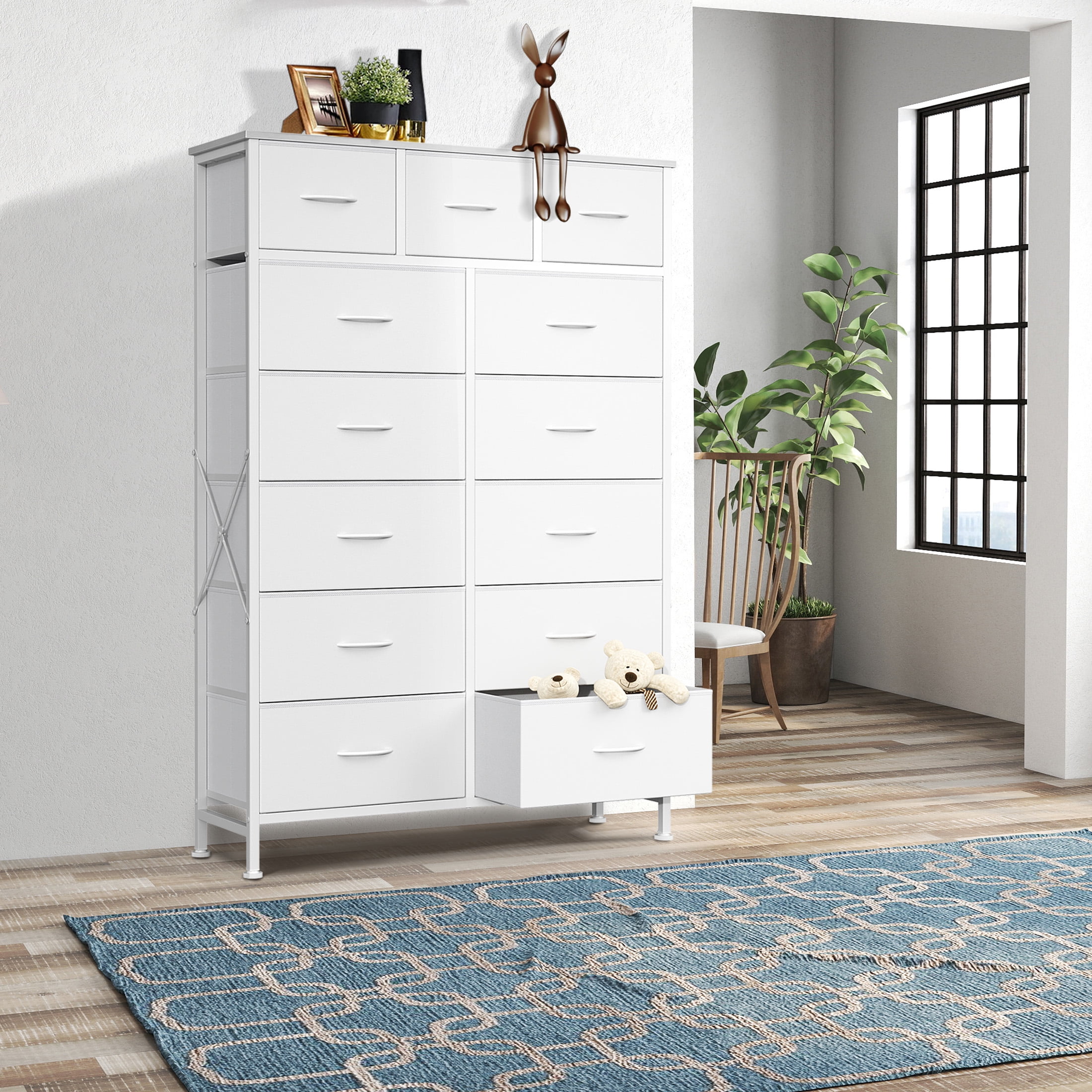 edx 13-Drawer Fabric Dresser, Sturdy Steel Frame Storage Cabinet for Bedroom Closet Clothes, White