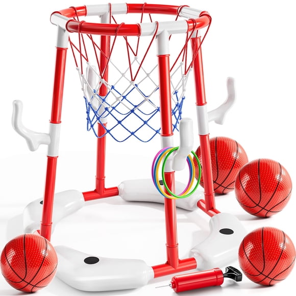Canasta de baloncesto para piscina NIPLOOOW 2 en 1 flotante con 4 pelotas y bomba