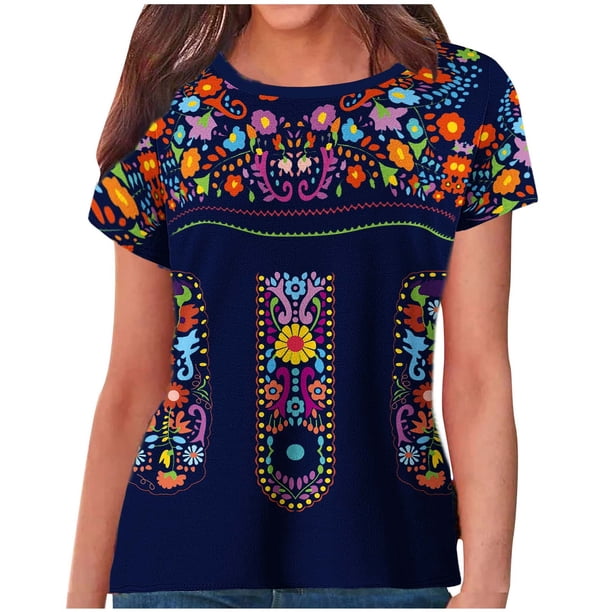 Estilo Étnico de Verano Superior de las Mujeres Impreso Cuello Redondo Manga Corta Superior, Tops Cortos para las Mujeres
