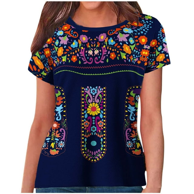 Birdeem Blouses pour Femmes Style Ethnique Rétro Imprimé Manches Courtes Col Rond