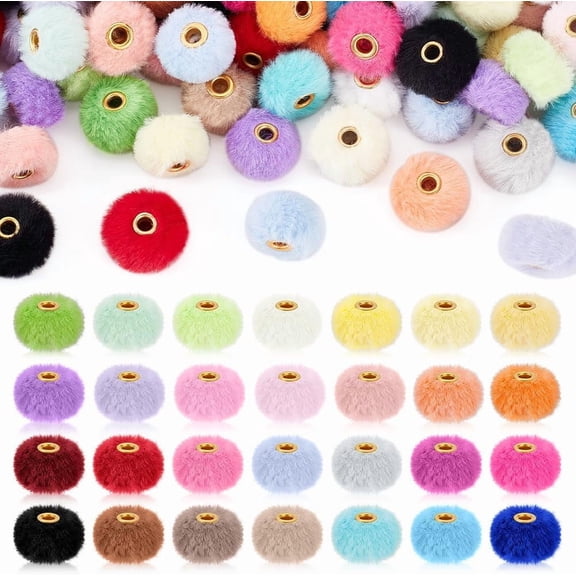 200Pcs Fluffy Fur Beads Soft Fuzzy Large Hole Spacer Beads Cute Pompom Ball Bead for Jewelry Making Necklaces Bracelets Earrings Keychains DIY Crafts Gifts 22mm Diameter