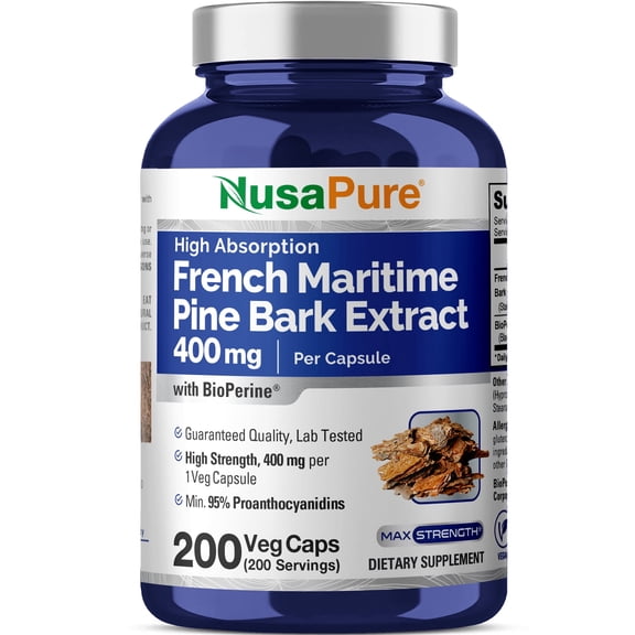 NusaPure French Maritime Pine Bark Extract 400mg per Veggie Caps, 200-Day Supply, Bioperine, Non-GMO Dietary Supplement